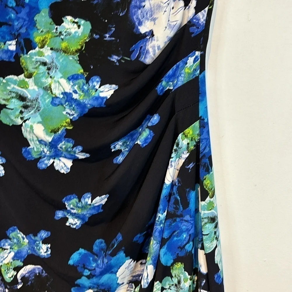 LAUREN Ralph Lauren Dress Ruched Cap Sleeves Lined Black Blue Floral Stretch Sz4 - Picture 12 of 14